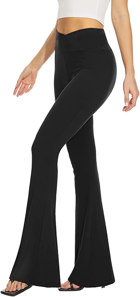 Women’s Black Flare Yoga Pants, Crossover High Waisted Casual Bootcut Leggings