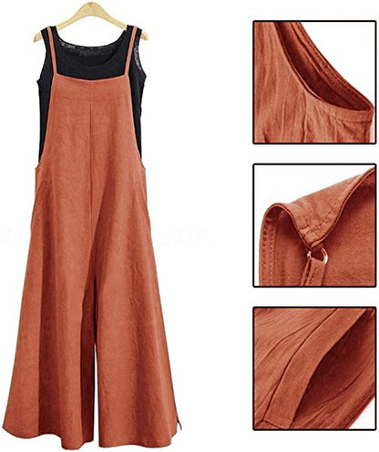 Women Casual Loose Long Bib Pants Wide Leg Jumpsuits Baggy Cotton Rompers Overalls with Pockets