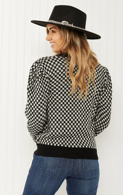 WJ Look the Part Large check puff shoulder cardigan.